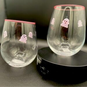 NWT Pink Halloween Pink Ghost Glass Embedded  Drinking Glasses Set of 2